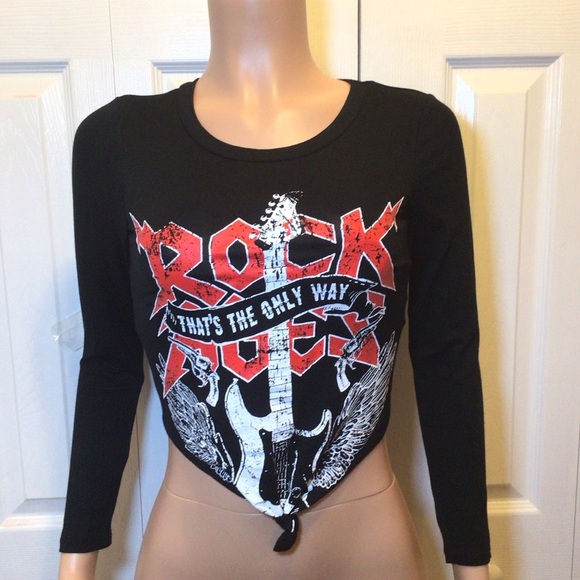Occasion Juniors Rock Guitar Print Long Sleeve Cropped Knot Front Tee Size Small - Picture 1 of 7